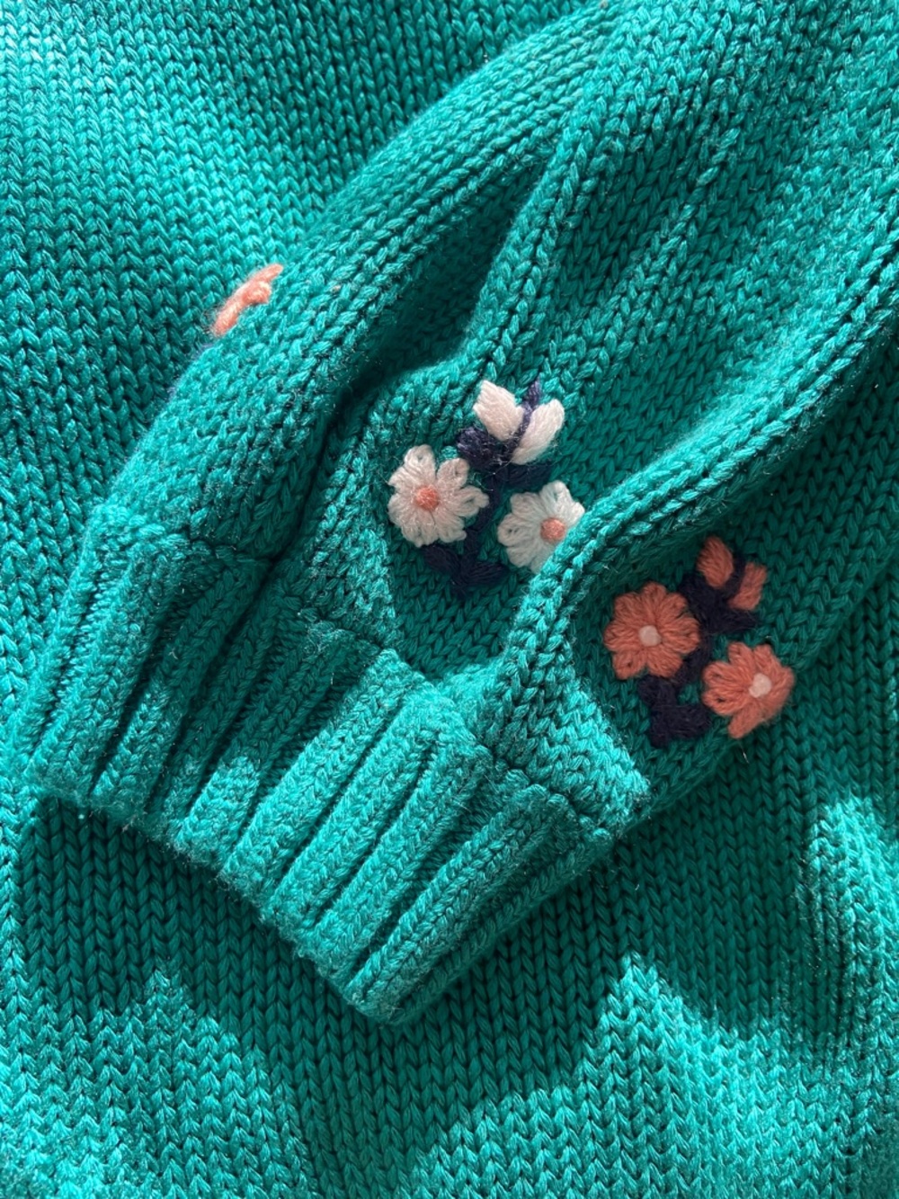 O’Neill Cardigan Teal Sweater Embroidered Flowers L EUC
